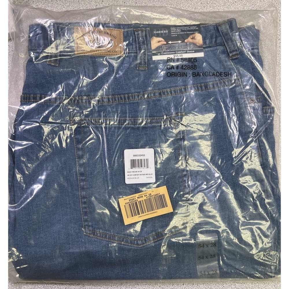 Harbor Bay Continuous Comfort Waist Jeans Mens 54X28 Blue Denim Waist Stretches